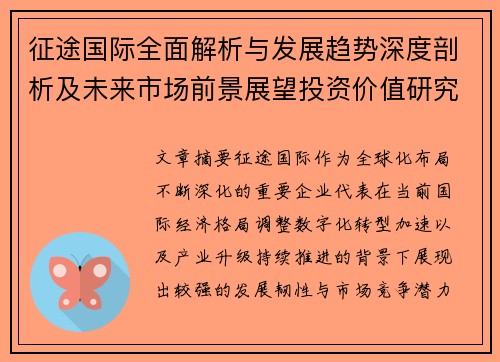 征途国际全面解析与发展趋势深度剖析及未来市场前景展望投资价值研究
