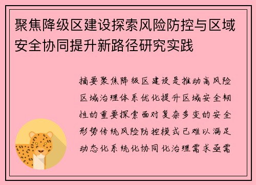 聚焦降级区建设探索风险防控与区域安全协同提升新路径研究实践