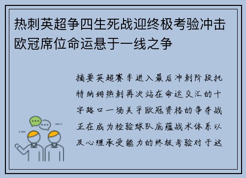 热刺英超争四生死战迎终极考验冲击欧冠席位命运悬于一线之争
